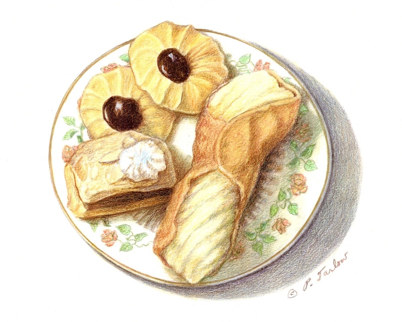 May include: A plate with a floral design holds three pastries: two round cookies with chocolate centers and a long, filled pastry. The cookies are light brown and the pastry is a darker brown.