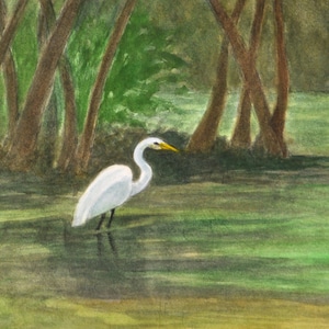 Great Egret on the Pond Art Print, Egret in the Marsh, Bird Landscape Art, Bird in Nature, Great White Egret Watercolor by P. Tarlow