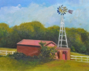 Red Barn and Windmill Art Print,, Summertime Farm Landscape Art, Countrycore, Red Barn Painting, Northeast Acrylic Landscape by P. Tarlow