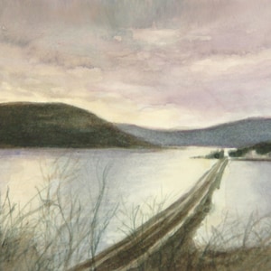 Cloudy Day Hudson River Art, Moody Landscape Watercolor Print, Home Decor Wall Art, Hudson River Watercolor Landscape by P. Tarlow