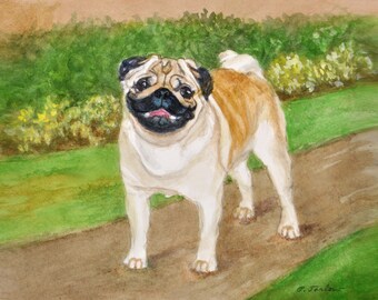 Pug in Garden Art Print, Cute Pug Art, Pug Watercolor Print, Pug Dog Portrait, Pug Art Print from Original Watercolor Painting by P. Tarlow