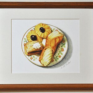 May include: A watercolor painting of a plate of pastries. The plate has a floral pattern and contains a cannoli, a pastry with a white filling, and two cookies with a cherry on top.