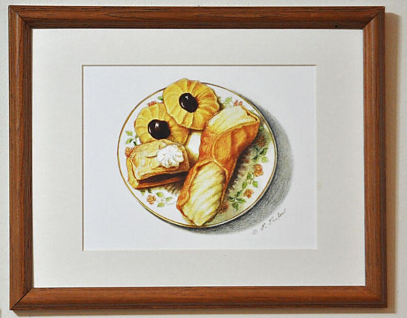 May include: A watercolor painting of a plate of pastries. The plate has a floral pattern and contains a cannoli, a pastry with a white filling, and two cookies with a cherry on top.