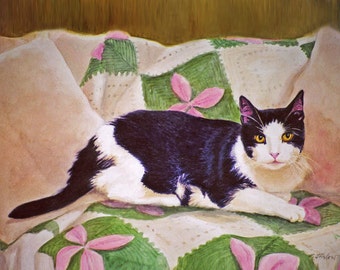 Black and White Cat Art, Tuxedo Cat Art Print, Cat on Afghan Quilt Watercolor Art Print from Painting by P. Tarlow