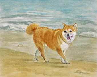 May include: A watercolor painting of a Shiba Inu dog running on a sandy beach with blue water and white waves in the background.