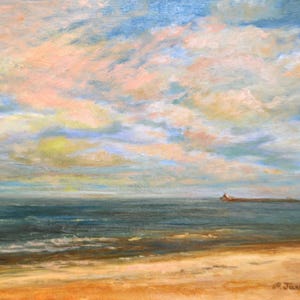 Jennings Beach Art Print, Clouds Over Atlantic Ocean, Oil Landscape Art, Connecticut Coastal Shoreline, Home Decor Wall Art  by P. Tarlow