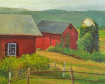 Red Barns Art Print, Barns and Silo Print, Countrycore Farm Landscape Art,  Red Barn Painting, New England Oil Landscape by P. Tarlow