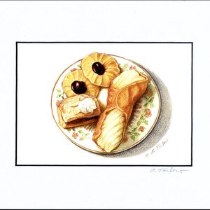 May include: A white plate with a floral design holds three pastries: a cannoli, a puff pastry with a white topping, and two round cookies with black fruit filling. The plate is on a white background.