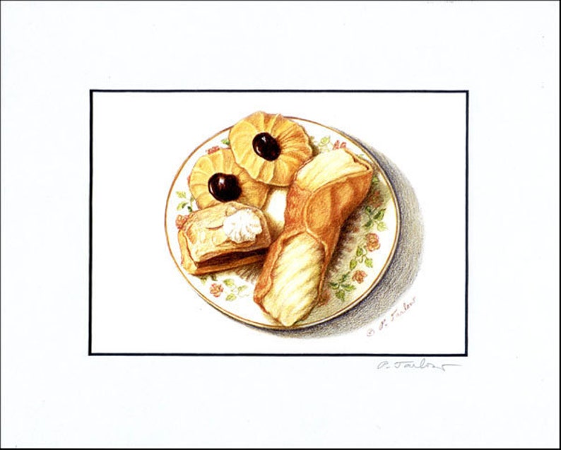 May include: A white plate with a floral design holds three pastries: a cannoli, a puff pastry with a white topping, and two round cookies with black fruit filling. The plate is on a white background.