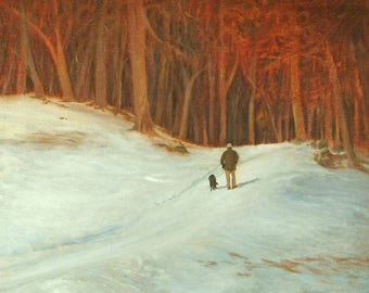 Man Walking Dog Snow Scene Art, Winter Art Print, Man and Dog Art Print, Winter Landscape Art, Snow Oil Landscape Print by P. Tarlow