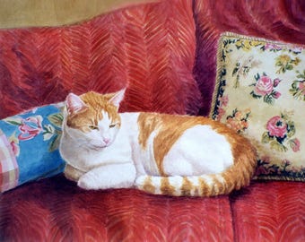 Impresión artística de un gato naranja y blanco en un sofá, acuarela de gato, regalo para amantes de los gatos naranjas, pintura de un gato descansando en un sofá de P. Tarlow