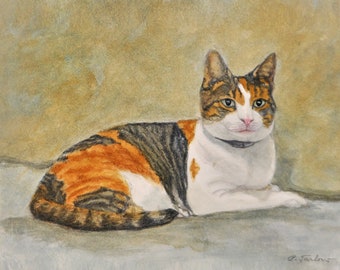 Calico Cat Art Print, Ginger, White, CalicoTabby Cat, Cat Watercolor and Colored Pencil Art from Original Painting by P. Tarlow
