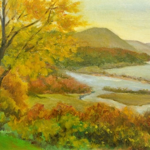 A fine art print from an original oil painting of a scene with a riot of Fall colors seen from Boscobel Historic Restoration in Garrison, NY. You can see the Hudson River and sections of Constitution Marsh marshland along the waterfront below the property. The river is light blue and the valley is green with yellow and orange and red in the trees and grassy areas in the marsh. The sky is light blue and there are some mountains visible in the background.