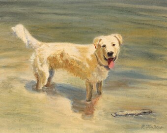 Lab Mix Dog Beach Art Print, Yellow Labrador Mixed Breed from Oil Painting by P. Tarlow