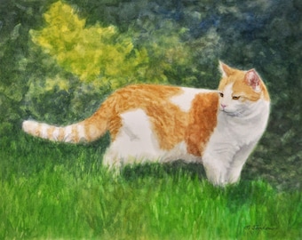 Orange Cat Art, Orange & White Cat Print, Cat in Garden Watercolor Art Print, Cat Lover Gift, Cat in Nature Painting by P. Tarlow