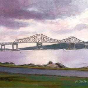 Hudson River Artwork, Tappan Zee Bridge Art Print, Tappan Zee Nyack Print, Home Decor Wall Art, Tappan Zee Watercolor Landscape by P. Tarlow