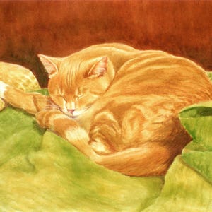 Orange Tabby Sleeping Art Print, Orange Ginger Tabby Print, Marmalade Cat Watercolor Print, Orange Tabby Sleeping on Blanket by P. Tarlow