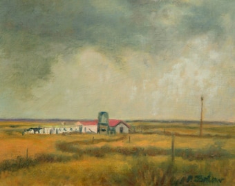 New Mexico Ranch Art Print, Home Decor Wall Art, Storm Clouds Oil Landscape Painting by P. Tarlow