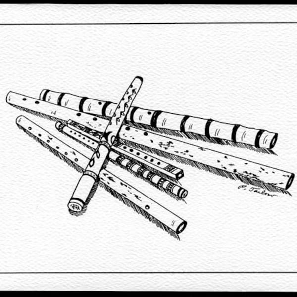 Pen and Ink Music Notecards, Reed Flute Cards, Set of 4, Blank Inside, Gift for Musician, Music Greeting Cards, World Music Instruments