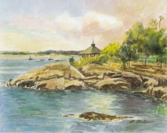 Manor Park Gazebo And Rocks Art Print, Home Decor Wall Art, Gazebo Along Long Island Sound Shore, Larchmont, NY Watercolor by P. Tarlow