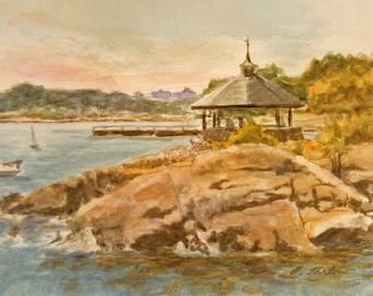 Manor Park Gazebo Autumn Art Print, Gazebo and Rocks Fall Colors, Long Island Sound Shore, Larchmont, NY Watercolor by P. Tarlow