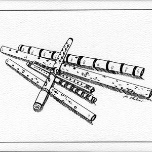 Pen and Ink Music Notecards, Reed Flute Cards, Set of 4, Blank Inside, Gift for Musician, Music Greeting Cards, World Music Instruments
