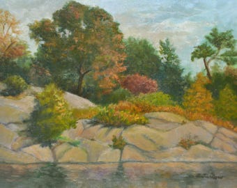 Lámina artística de Bruce Park Greenwich, Rocas en el lago, Lámina de Greenwich Connecticut Park, Paisaje al óleo, Decoración de pared para el hogar de P. Tarlow