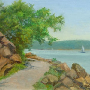 Hudson River Nyack Art Print, Hudson River Oil Landscape, Nyack Beach Path Print, Home Decor Wall Artwork  by P. Tarlow