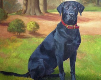 Black Lab in Park Art Print, Black Lab Painting, Labrador Retriever Art Print, Black Lab in Nature from Original OIl Painting by P. Tarlow