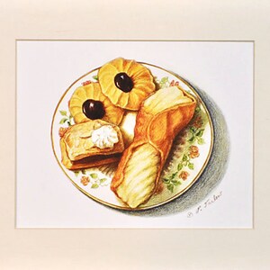 May include: A white plate with a floral design holds a variety of pastries, including a cannoli, a puff pastry with a cherry on top, and two cookies with a cherry on top.