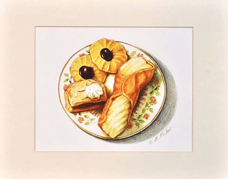 May include: A white plate with a floral design holds a variety of pastries, including a cannoli, a puff pastry with a cherry on top, and two cookies with a cherry on top.