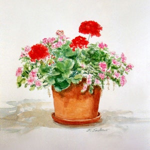 Geranium Art Print, Red Geraniums in Planter Art, Watercolor Spring Flowers Print, Home Decor Wall Art, Floral Still Life by P. Tarlow
