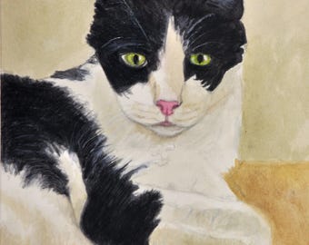 Tuxedo Cat Reclining Art Print, Black and White Cat Watercolor Painting by P. Tarlow