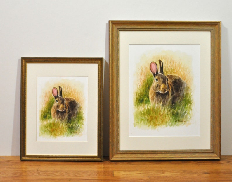 May include: Two framed watercolor paintings of a brown rabbit sitting in a field of green grass. The rabbit in the larger painting is looking directly at the viewer. The rabbit in the smaller painting is looking to the side.