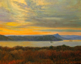 Hudson River Sunset Art Print, Hudson River Autumn Print, Home Decor Wall Art, Hudson River Oil Painting by P. Tarlow