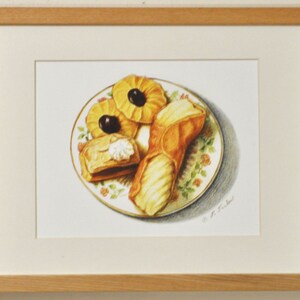 May include: A framed drawing of a plate of pastries. The plate has a floral pattern and contains three pastries: a cannoli, a puff pastry with a dollop of cream, and two round cookies with black olives on top.