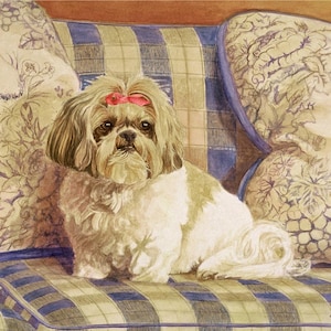 Shih Tzu Art Print, Shih Tzu Watercolor Art, Shih Tzu Dog on Couch, Dog Home Decor Wall Art from Original Watercolor Painting by P. Tarlow