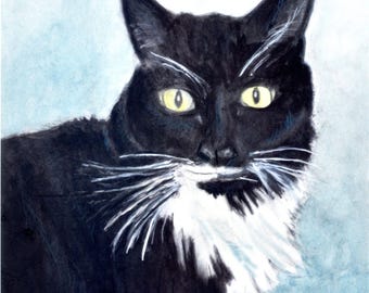 Black and White Cat Portrait Art Print, Black Cat with White Chest,Tuxedo Cat Wall Art from Watercolor Painting by P. Tarlow