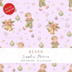 Puede incluir: Un patrón digital sin costuras sobre un fondo morado claro con ilustraciones en acuarela de elfos con trajes verdes, campanas doradas con lazos rosas, adornos verdes y estrellas amarillas. El texto incluye DIGITAL DOWNLOAD, ELVES, Seamless Pattern, PNG 300 DPI, 12 x 12 inches.