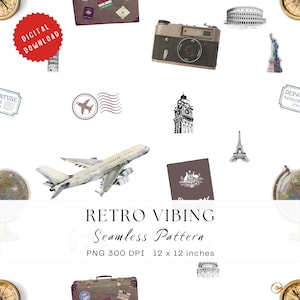 Vintage Travel Seamless Pattern | Retro Airplane, Landmarks (PNG Digital Download)