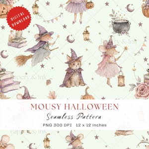 May include: A seamless pattern featuring watercolour illustrations of mice in purple witch hats, a kitten in a cape, pumpkins, lanterns, books, and stars on a pale green background. Text reads: MOUSY HALLOWEEN Seamless Pattern PNG 300 DPI 30.48 x 30.48 cm.