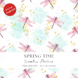 Watercolour Dragonfly Seamless Pattern | Spring Botanical Digital Paper | Pastel Nature Repeat | Cottagecore Fabric Print