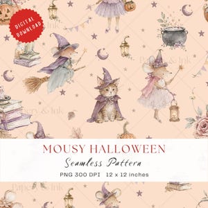 May include: A seamless digital pattern featuring watercolour illustrations of mice in purple witch hats, a kitten in a cape, pumpkins, lanterns, books, and stars on a light peach background. Text reads MOUSY HALLOWEEN Seamless Pattern PNG 300 DPI 30.48 x 30.48 cm.