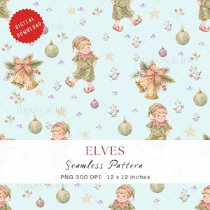 Puede incluir: Un patrón digital sin costuras sobre un fondo azul claro con ilustraciones en acuarela de elfos con trajes verdes, campanas doradas con lazos rosas, adornos verdes y morados y estrellas. Texto: DIGITAL DOWNLOAD, ELVES Seamless Pattern, PNG 300 DPI 12 x 12 inches.