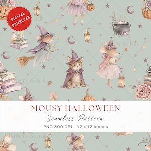 Op de afbeelding: Een naadloos digitaal patroon op een saliegroene achtergrond met aquarelillustraties van muizen met heksenhoeden, een kitten in een cape, pompoenen, lantaarns, boeken en sterren. Tekst: MOUSY HALLOWEEN Seamless Pattern PNG 300 DPI 12 x 12 inches.