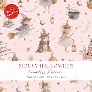 Könnte beinhalten: Ein nahtloses digitales Muster auf hellrosa Hintergrund mit Aquarellillustrationen von Mäusen mit Hexenhüten, einem Kätzchen im Umhang, Kürbissen, Laternen, Büchern und Sternen. Text: MOUSY HALLOWEEN Seamless Pattern PNG 300 DPI 30,48 x 30,48 cm.