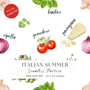 Italian Kitchen Seamless Pattern, Watercolour Food Digital Paper, Mediterranean