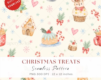 May include: A seamless digital pattern featuring watercolor illustrations of Christmas treats including gingerbread houses, reindeer cupcakes, candy canes, and puddings on a cream background with snowflakes, hearts, and stars. Text reads CHRISTMAS TREATS Seamless Pattern PNG 300 DPI 12 x 12 inches.
