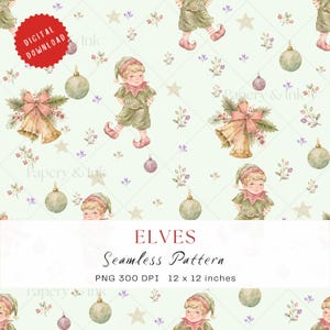 Op de afbeelding: Een naadloos digitaal patroon op een lichtgroene achtergrond met aquarelillustraties van elfen in groene kleding, gouden bellen met roze strikken, ronde ornamenten en kleine sterren. Tekst: DIGITAL DOWNLOAD, ELVES, Seamless Pattern, PNG 300 DPI 12 x 12 inches.