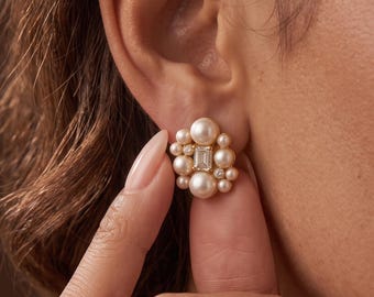 Baroque Pearl Cluster Studs, Elegant Emerald Cut Crystal Earrings, Luxury Bridal Jewelry, Statement Gold Earring, Vintage Inspired Gift